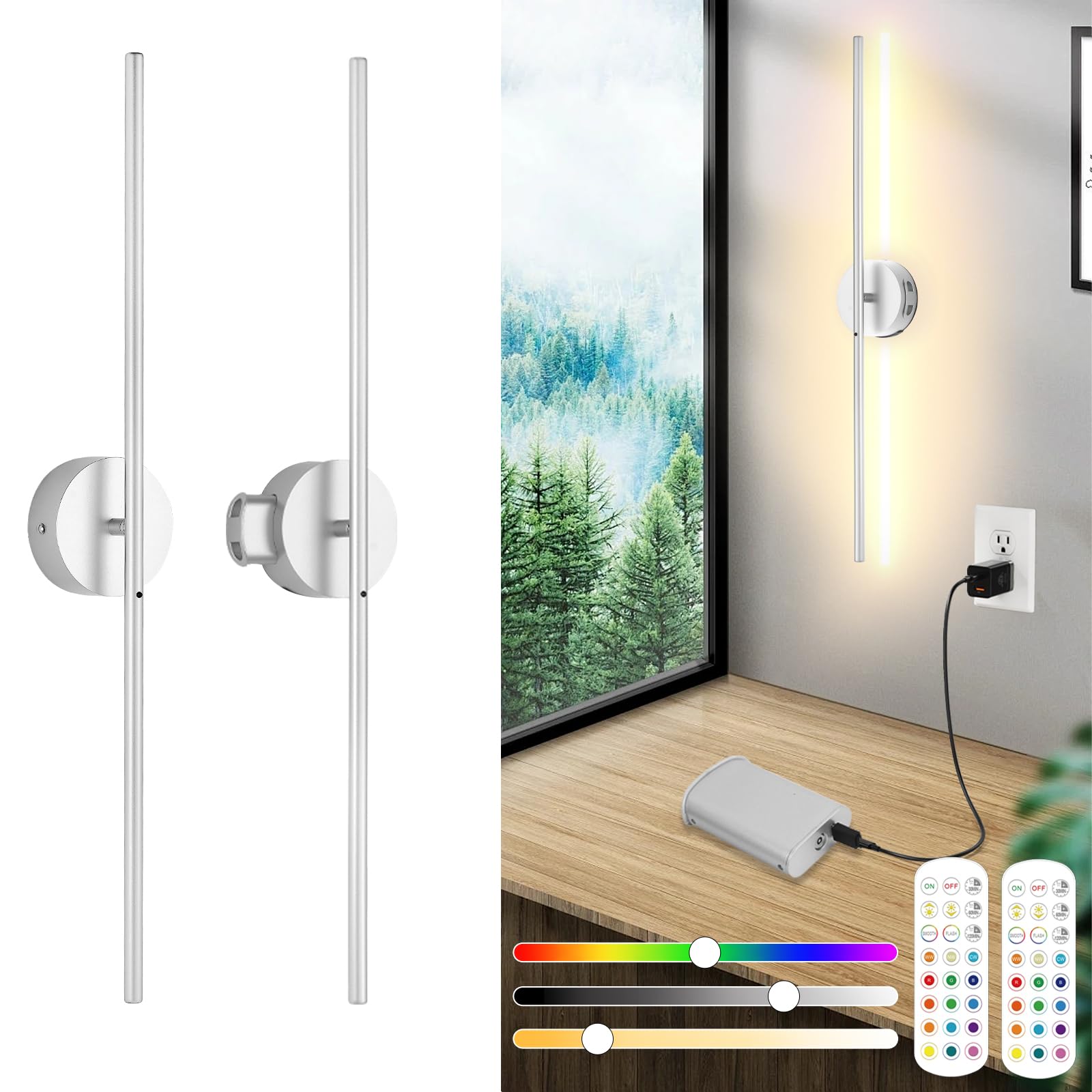 Akku Wandleuchte Innen Mit Fernbedienung ＆Touch Schalter, 8000mah Abnehmbare Batterie, USB Aufladbare LED Wandlampe Ohne Stromanschluss, dimmbare, 15 Farben, 3 Timer, Drehbar, 2 Stück, Nickel, 80CM