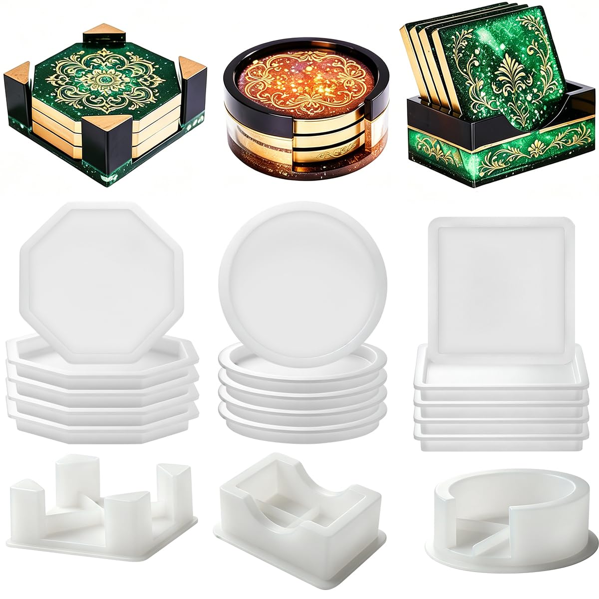 ZOGPLG 18PCS Resin Coaster Moulds Epoxy Resin Moulds Silicone Moulds for Resin Casting, Round Square Octagon Coaster Mould with Holder, Gold Foils, Tweezers for DIY Cup Mats Art Crafts