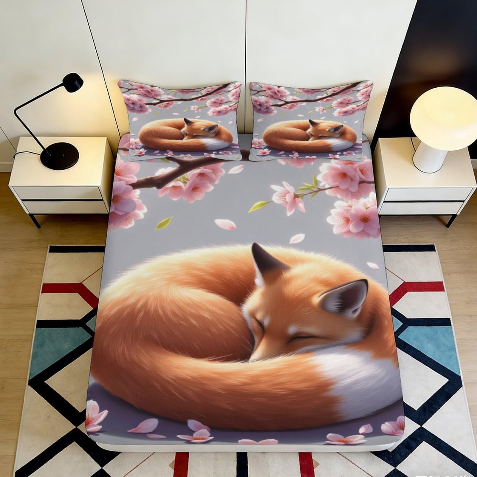 3D Printed Sleeping Fox Fitted Sheet Microfiber Soft Peach Blossom Bed Cover for Bedroom Dorm Decoration Mattress Protection 90x200x25cm