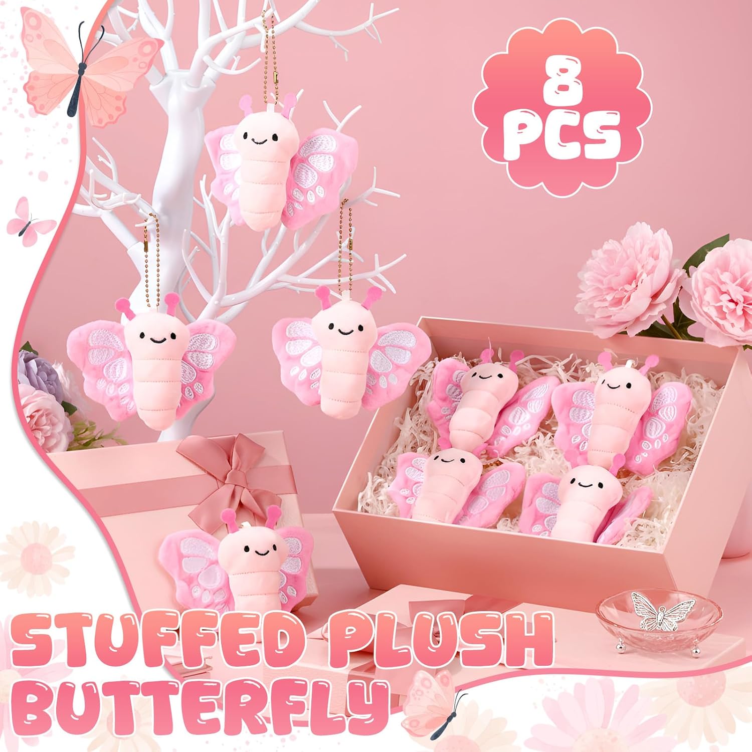Soulchen 8 Pcs Butterfly Stuffed Animal Plush 3.14" Pink Soft Plush Animal Realistic Cartoon Toys Adorable Doll for Boy Girl Baby Shower Birthday Party Favors DIY Supplies