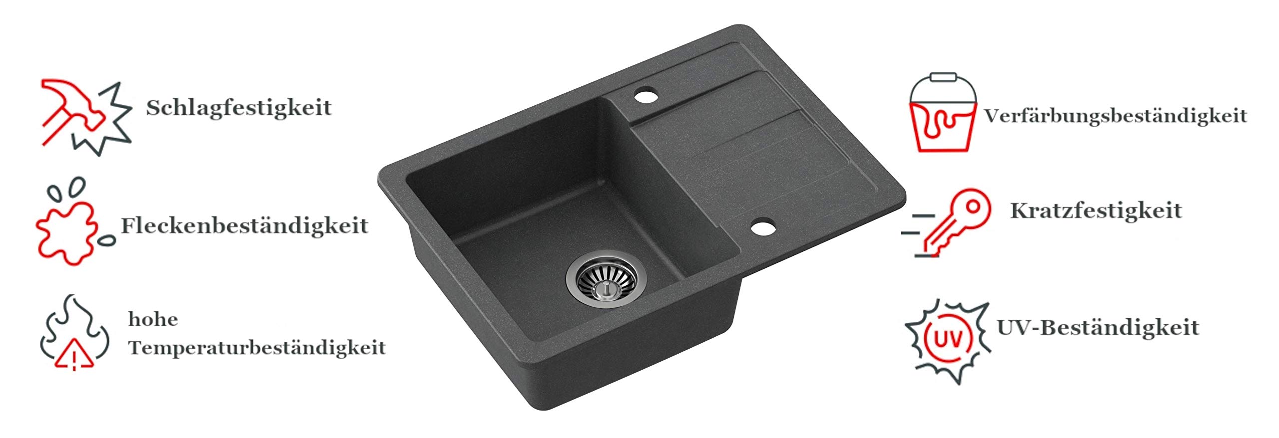 VBChome Spüle mit Armatur 62 x 44 cm Granit Schwarz Einzelbecken Küchenarmatür Flexible Armatur Einbauspüle Abtroffläche gesprenkelt reversibel Verbundspüle + Siphon Spülmittelspender