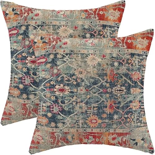 Juego de 2 fundas de almohada turcas persas vintage retro de 18 x 18 pulgadas, estilo bohemio, colorido, decorativas, para exteriores, de lino,