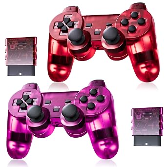 Burcica Wireless Controller for PS-2 Play 2 Double Vibration 2 - ClearRed and ClearPurple