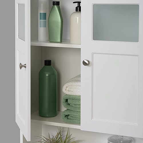 Miniatura 4 de Zenna Home Protector de espacio sobre el inodoro, almacenamiento de baño, con puertas de vidrio y 3 estantes, color blanco