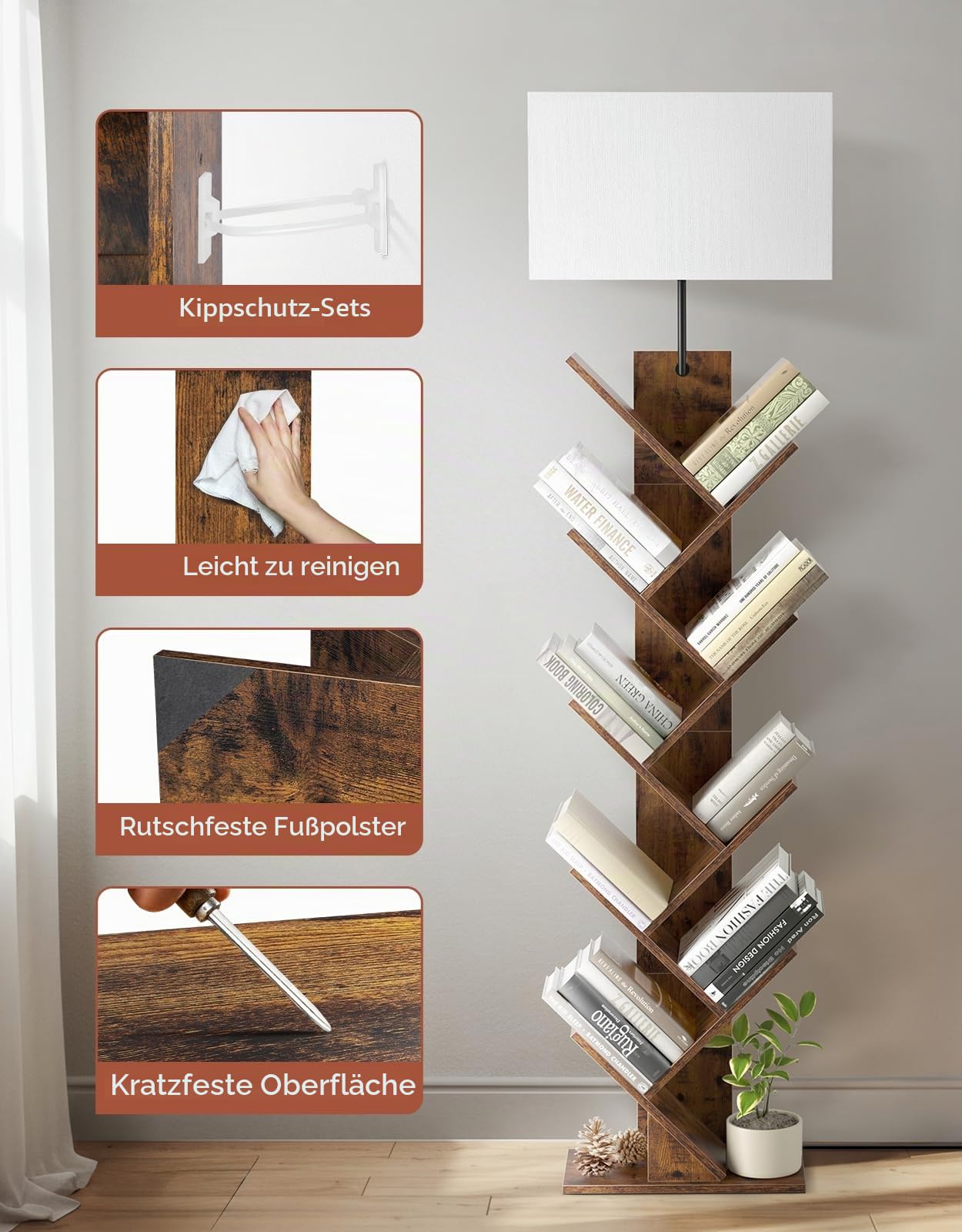 Baum Bücherregal mit Licht, 9 Ebenen Eckregal，Fernbedienung & Timer, Schmales Standregal aus Holz, Kleines Regal für Bücher, CDs & DVDs, für Wohnzimmer, Kinderzimmer, Büro(Rustic Brown)