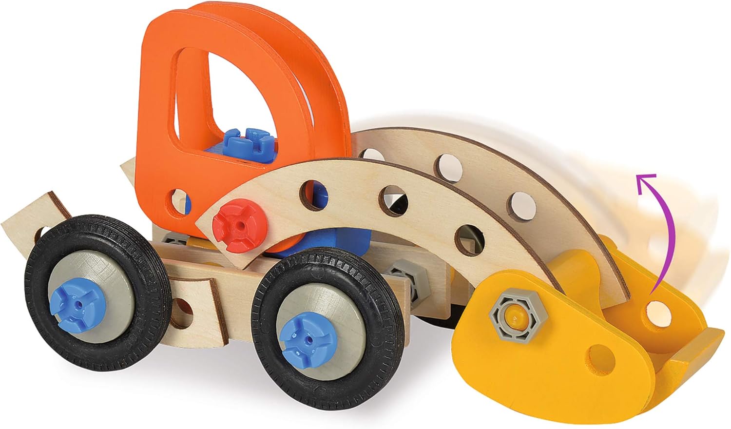 Eichhorn 100039087 wooden construction set assembled as a wheel loader, with its front bucket in a lowered position.