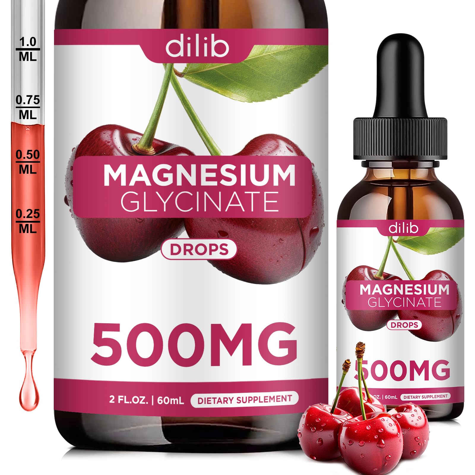 Magnesium Glycinate Supplement, Magnesium Glycinate Liquid Drops 500mg with Calcium, Zinc, Vitamin B6, D3, L-Theanine, Omega 3 for Sleep, Mood, Stress Relief, Bone, Muscle, Cherry Flavor