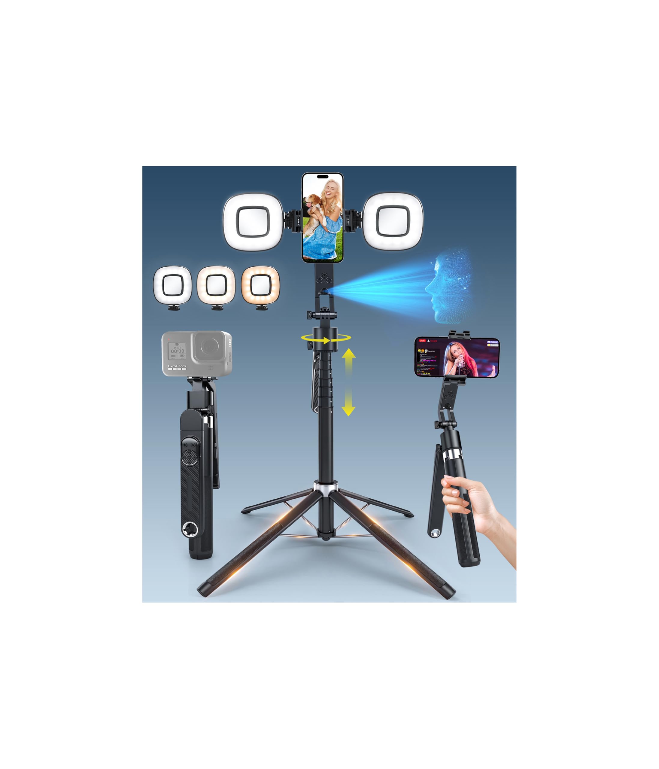 Sinbyuer 71 Auto Face Tracking Tripod 360 Rotation with Stand Selfie Stick w Fill Lights Remote Gesture Control