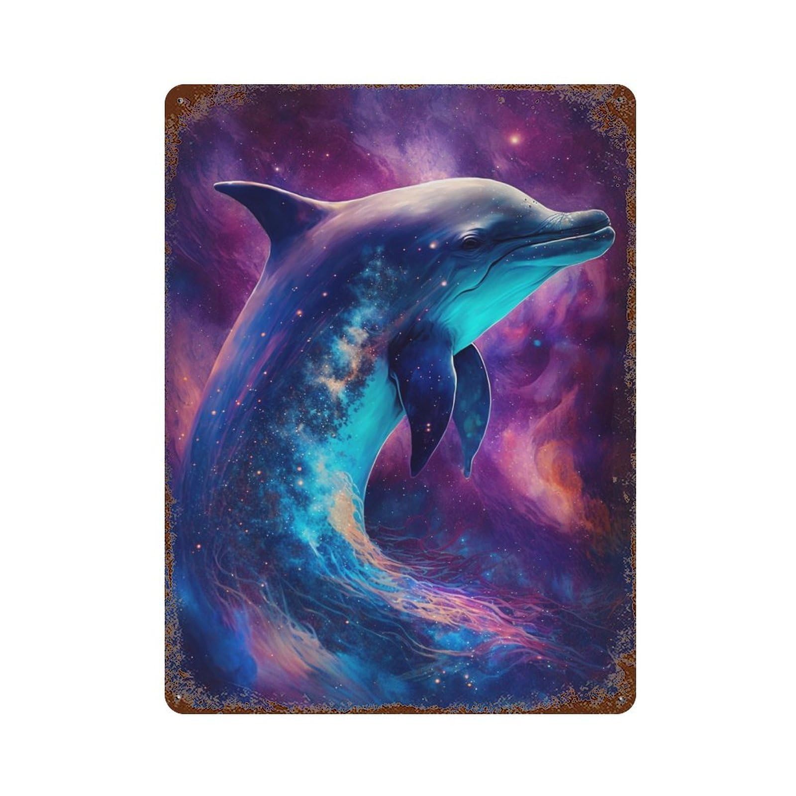 Cosmic Dolphin Art Print Retro Metal Sign 15.7"x11.8", Ideal for Basement, Hobby Room And Garage Decor