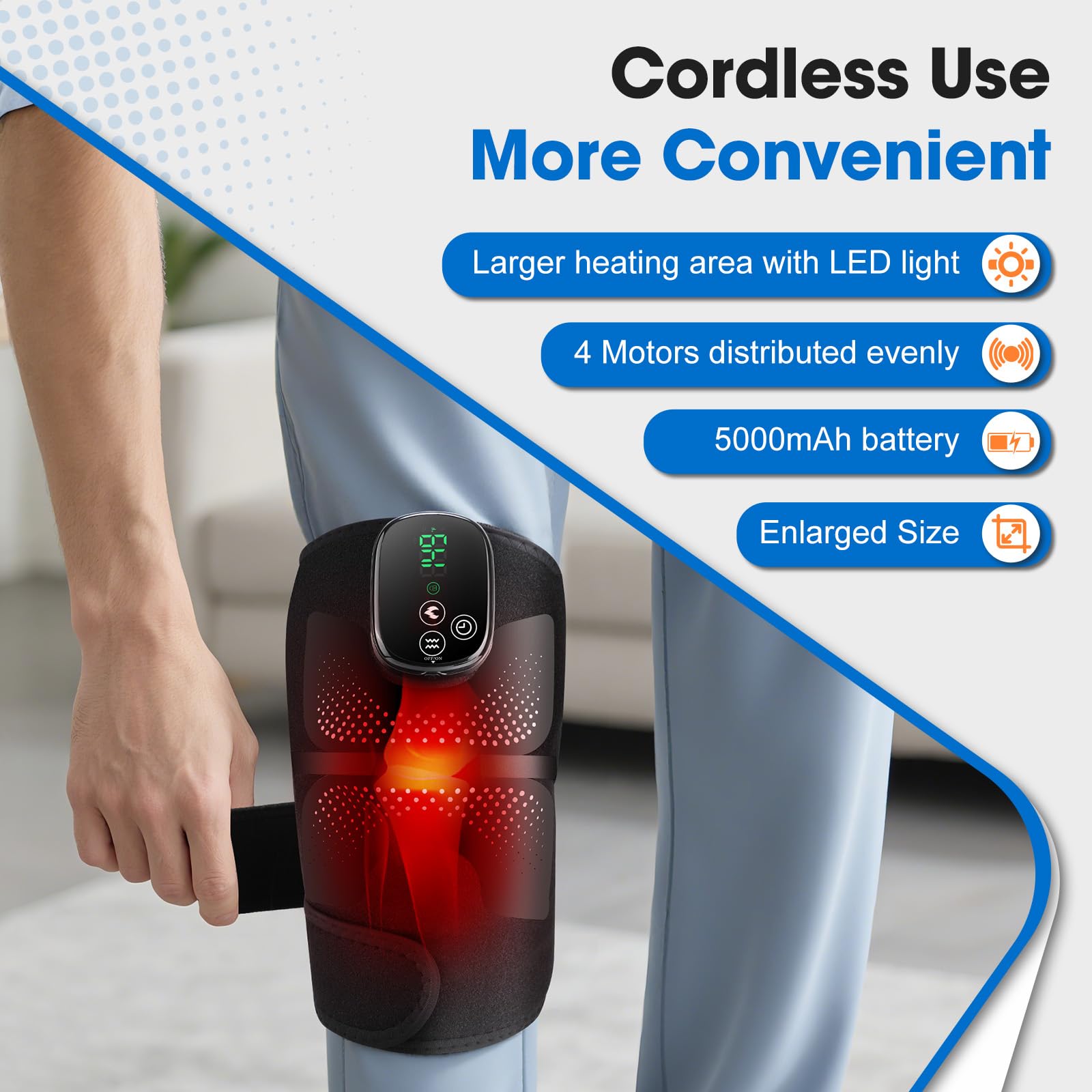 Rodillera Térmica Inalámbrica Con Luz Roja Y Pantalla Táctil, Almohadilla Para Hombro Codo Portátil Con 5 Niveles De Calor, 3 Modos De Masaje Y Temporizador, Batería Integrada 5000mAh, 4 Motores