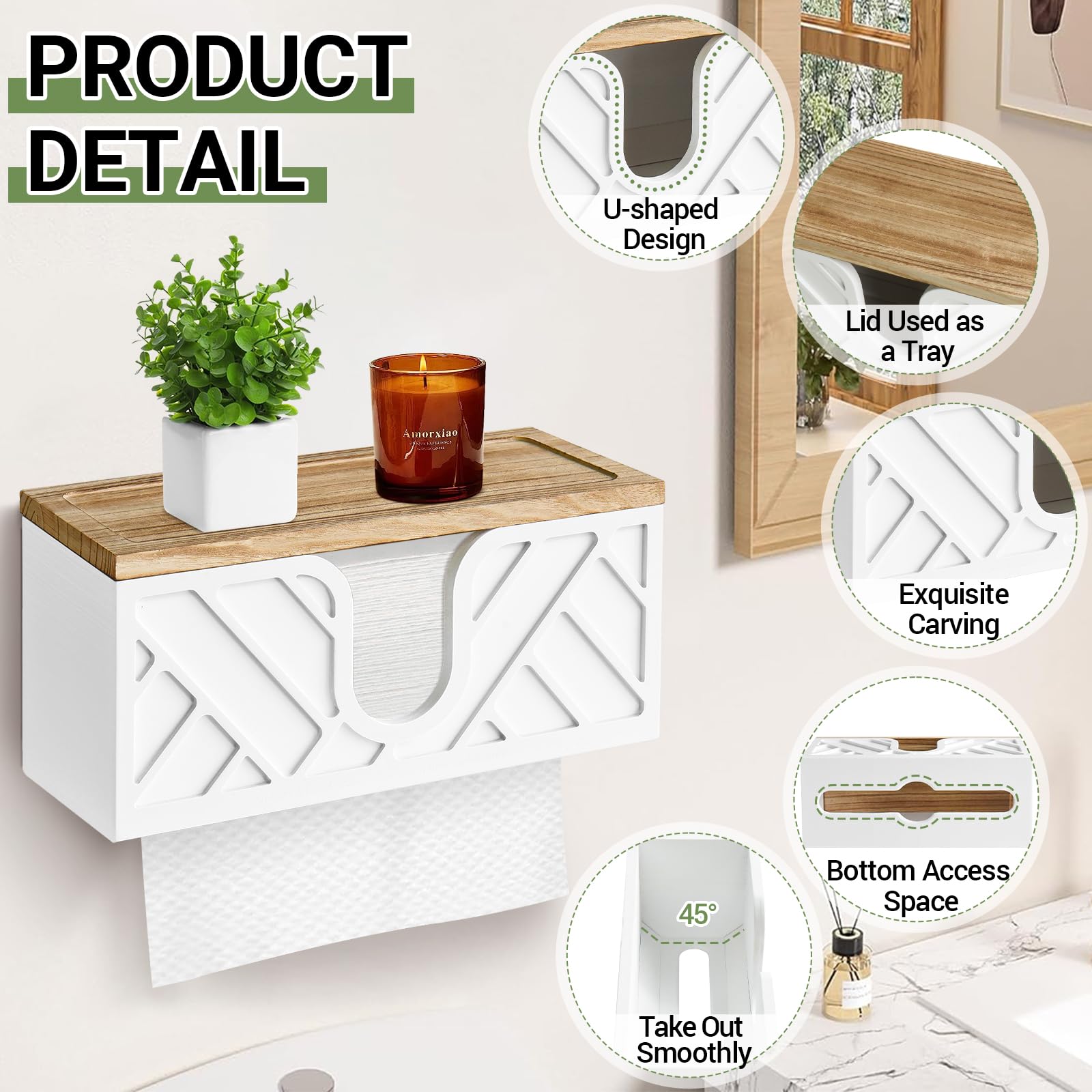 Soporte para toallas de papel montado en la pared con tapa, dispensador de toallas de papel de mano triple plegable en C, plegable en Z, de madera maciza blanca