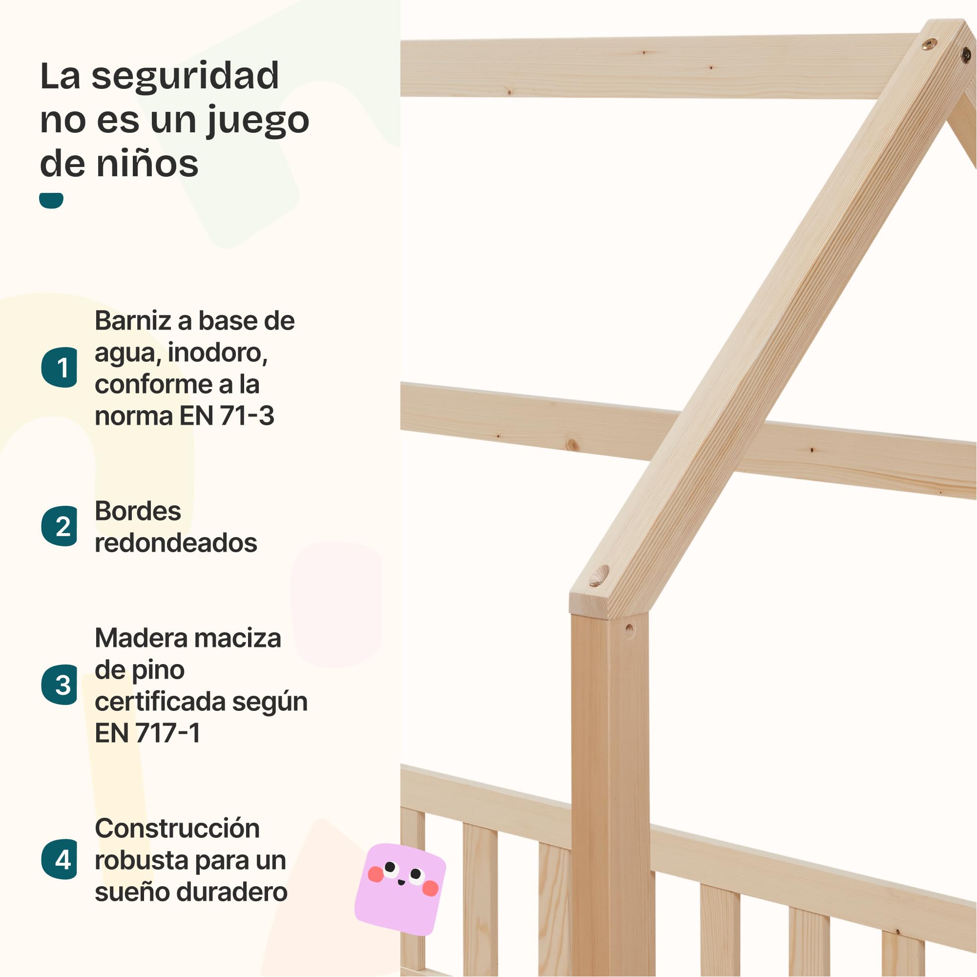 [en.casa] Cama para Niños de Madera Pino Sisimiut con Colchón Espuma Fría 120 x 200 cm Cama Infantil con Reja Protectora Somier Forma de Casita - Pino Natural