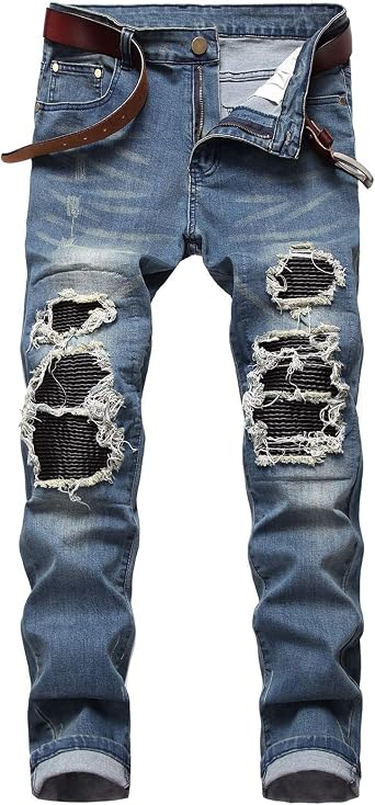 Mens Streetwear Patchwork Pleated Stretch Ripped Biker Jeans Denim Pants