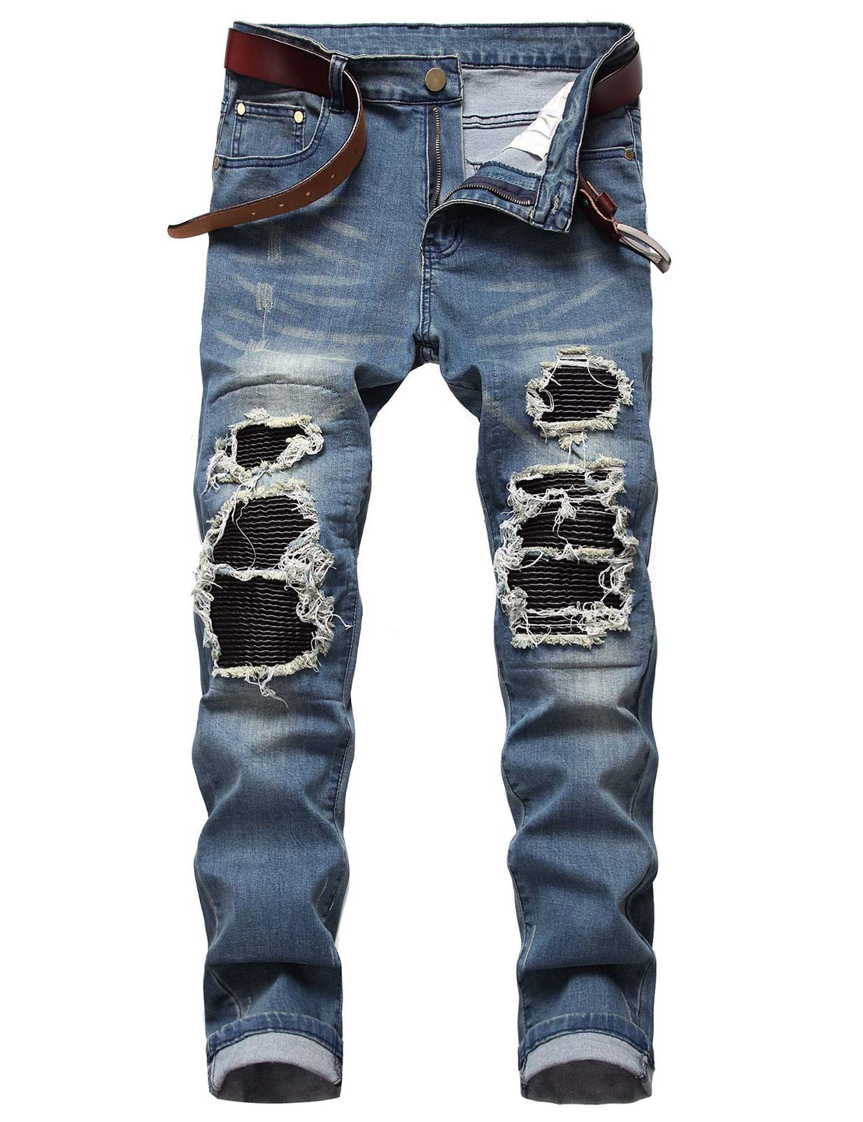 DSDZMen's Streetwear Patchwork Pleated Stretch Ripped Biker Jeans Denim Pants
