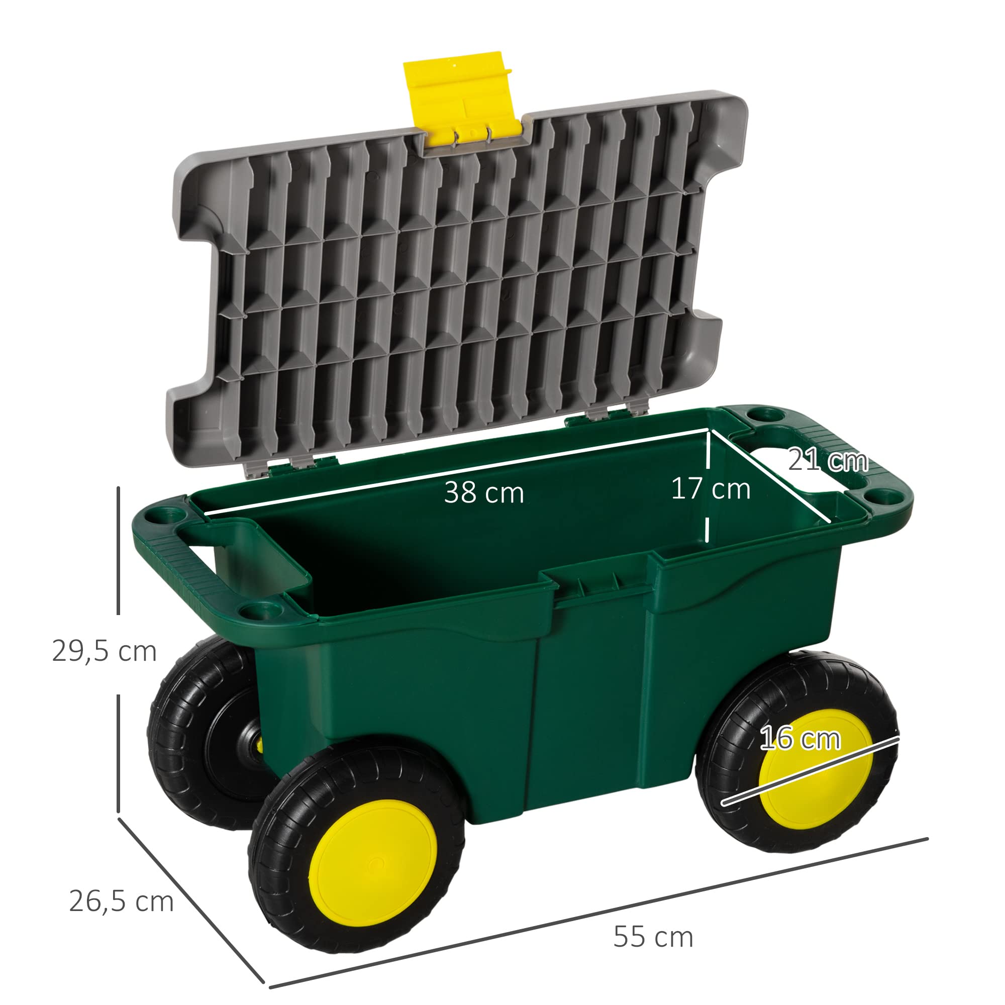 Outsunny - Taburete de jardín, caja de herramientas, 2 en 1, caja de herramientas, bandeja compartimentada, 4 ruedas, 2 asas, PP gris y verde