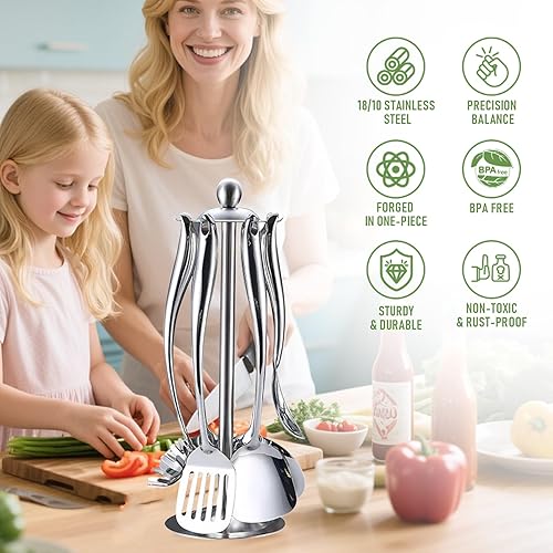 Miniatura 3 de Juego de utensilios de cocina de acero inoxidable de 7 piezas con soporte giratorio, herramientas de cocina que incluyen espátula, cucharón,