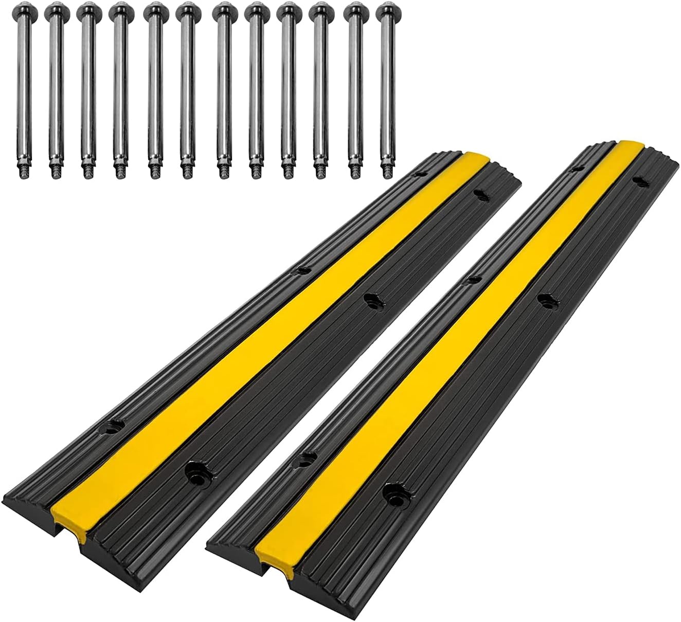 Rubber Speed Bumps 2 Pack of 1 Channel 6600Lbs Load Capacity Traffic Cable Protector Ramps with 12 Bolt Spikes for Garage (1 Channel, 2 Pack Speed Bump)