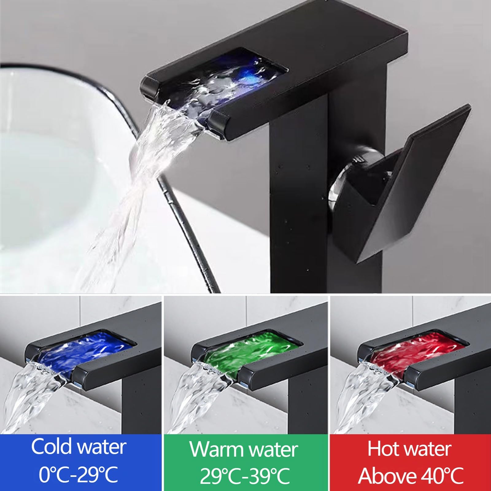 Rubinetto Bagno Lavabo Alto Cascata con Luce LED a Tre Colori Ottone | Miscelatore Lavabo Bagno Alto Quadrato Monocomando Energia Idroelettrica, Rubinetto Cucina, per Hotel(Silver)