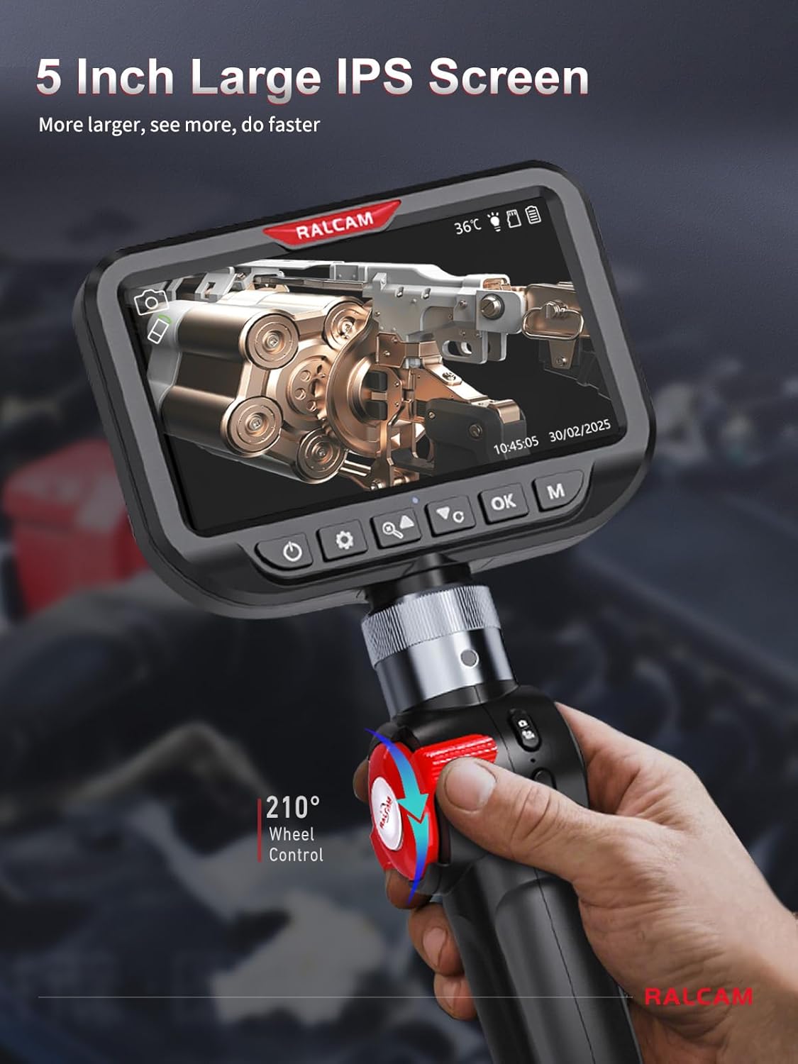 Ralcam Dual Lens Articulating Borescope, 6.5mm Slim Probe, 5" Endoscope Camera with Light, 5FT Semi-Rigid Cable, Two-Way Articulated Inspection Camera for Automotive Wall Pipe