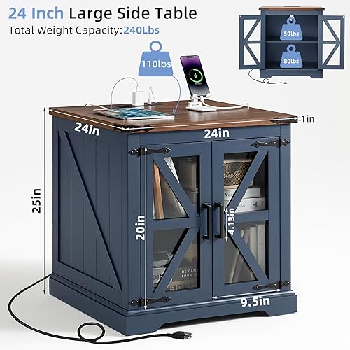 Miniatura 3 de Juego de 2 mesas auxiliares de granja con estación de carga, mesa auxiliar de sofá grande de 24 pulgadas con puerta de granero de cristal, mesita de