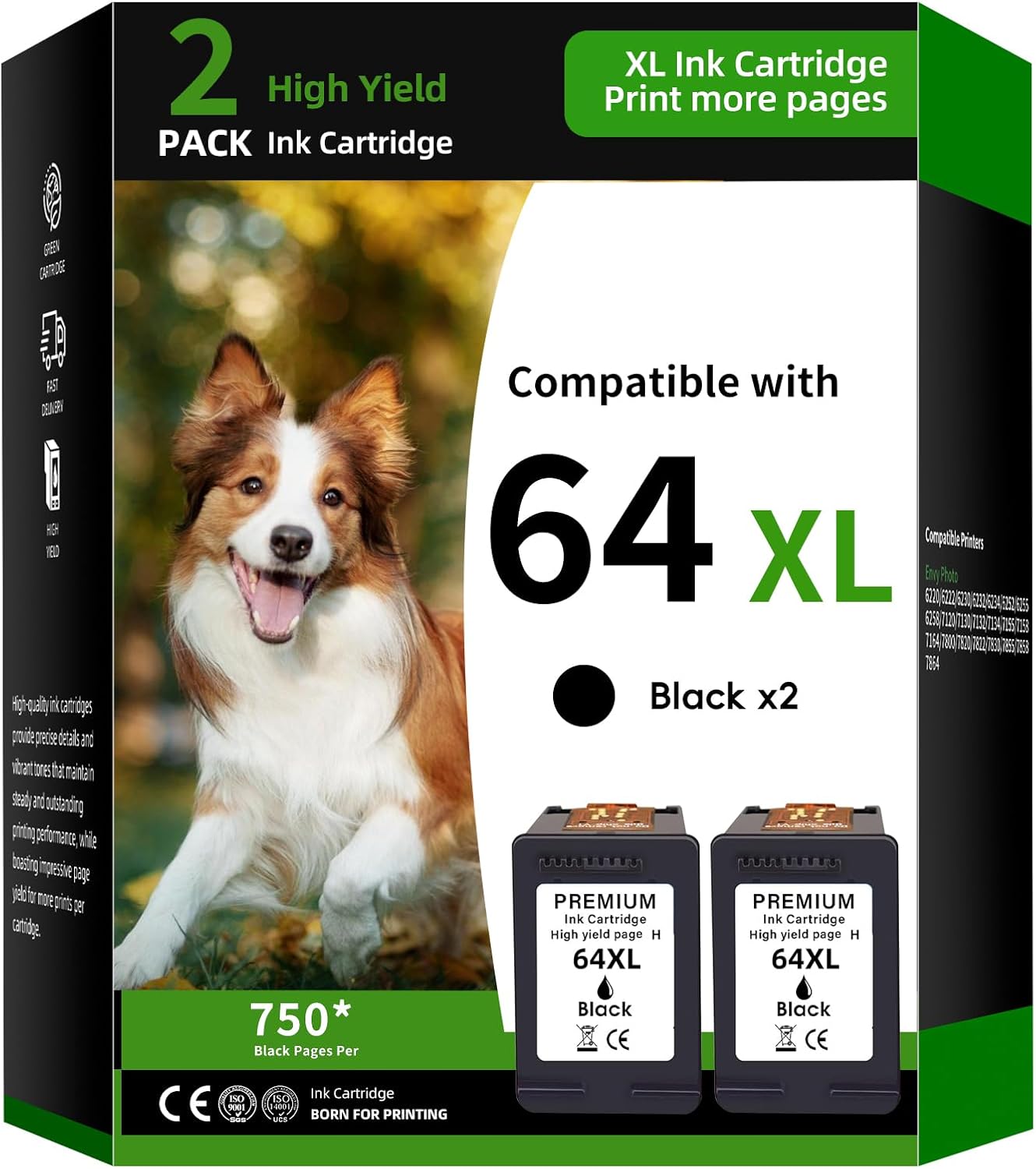 64XL Ink Cartridge 2-Pack Replacement for HP 64 Combo Pack Compatible with HP Envy Photo 6220 6222 6230 6232 6234 6252 6255 6258 7120 7130 7132 Printer Ink(2 Black)