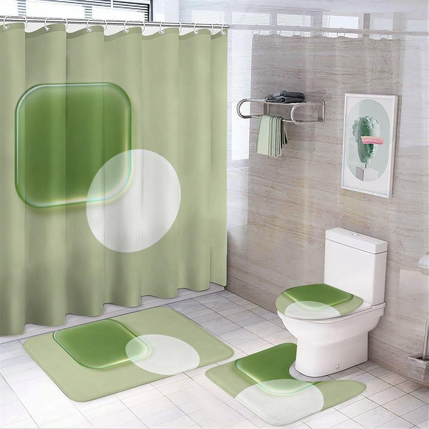 4 Piece Bathroom Rug Set with Shower Curtain, Non-Slip Bath Mat Toilet Cover Set, Geometric Fluidity Bathroom Rug Sets