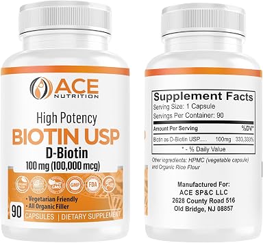 High Potency Biotin USP (D-Biotin 100,000mcg) - Superior Biotin, Organic Rice Flour, Vegetarian Capsules For Hair, Skin, Myelin Health, Made in the USA (100mg/90 Capsules)