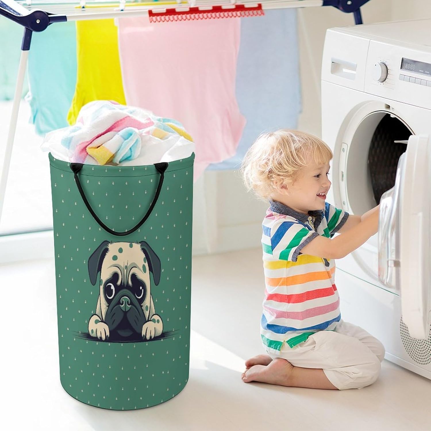 Pug Green Polka Dot Large Capacity Laundry Baskets,Collapsible Clothes Hamper with Handles，Laundry Hampers for Bathroom,Bedroom,Towels