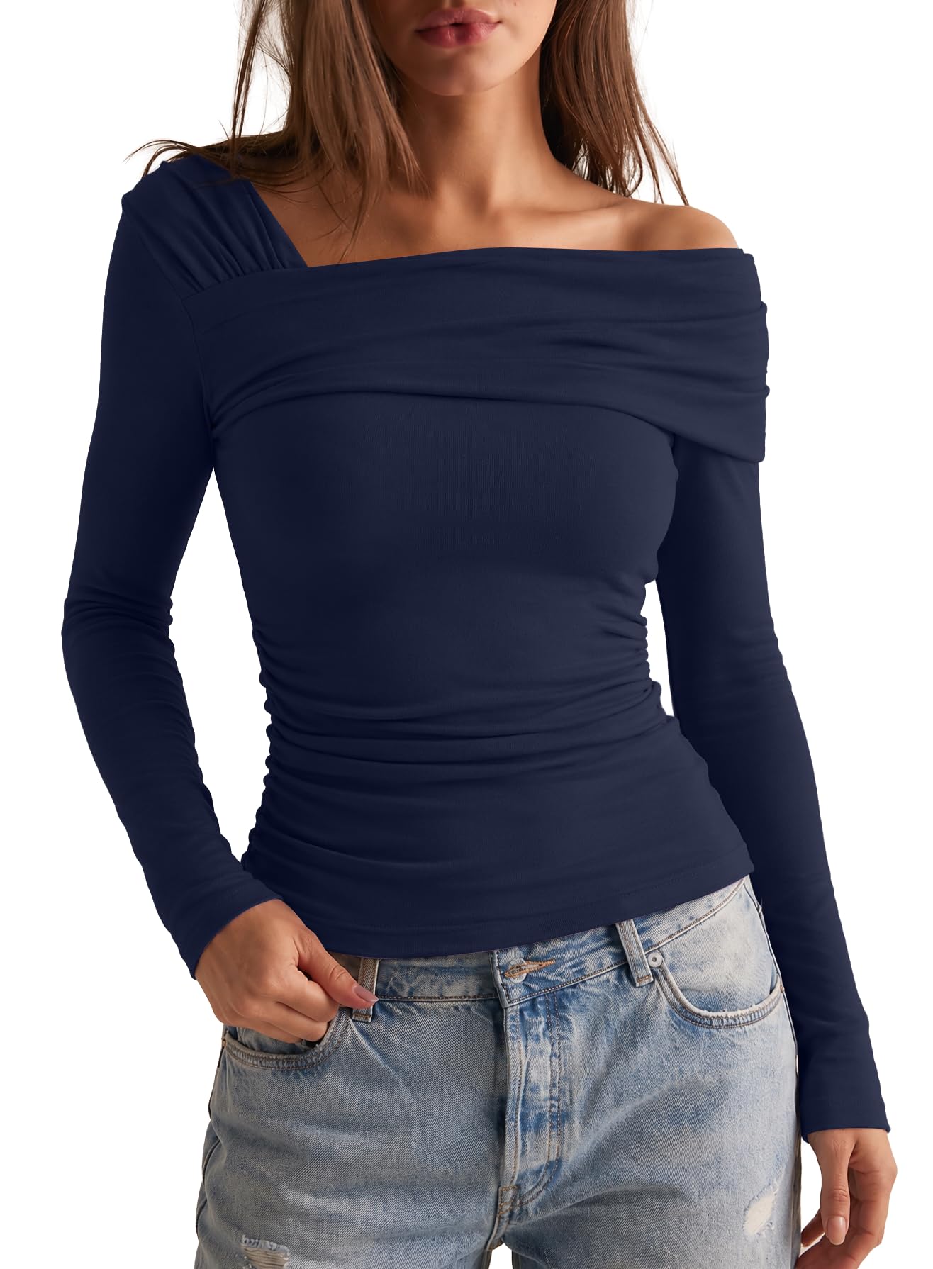 Darong Blusa corta de manga larga con un hombro descubierto para mujer, fruncida, para salir, entallada, Y2K