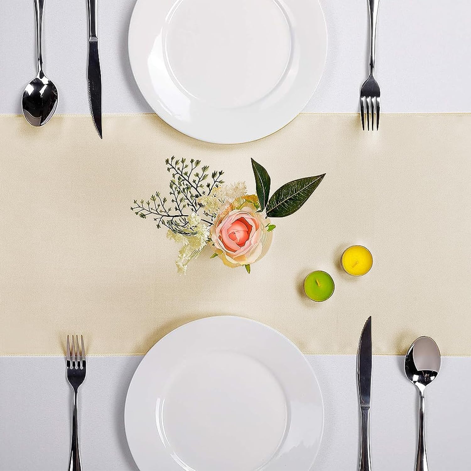 15-Pack Satin Table Runner Champagne 12 x 108 inches Long, Table Runners for Wedding, Birthday Parties, Banquets Decorations（15 Pack, 12x108 Inch, Champagne