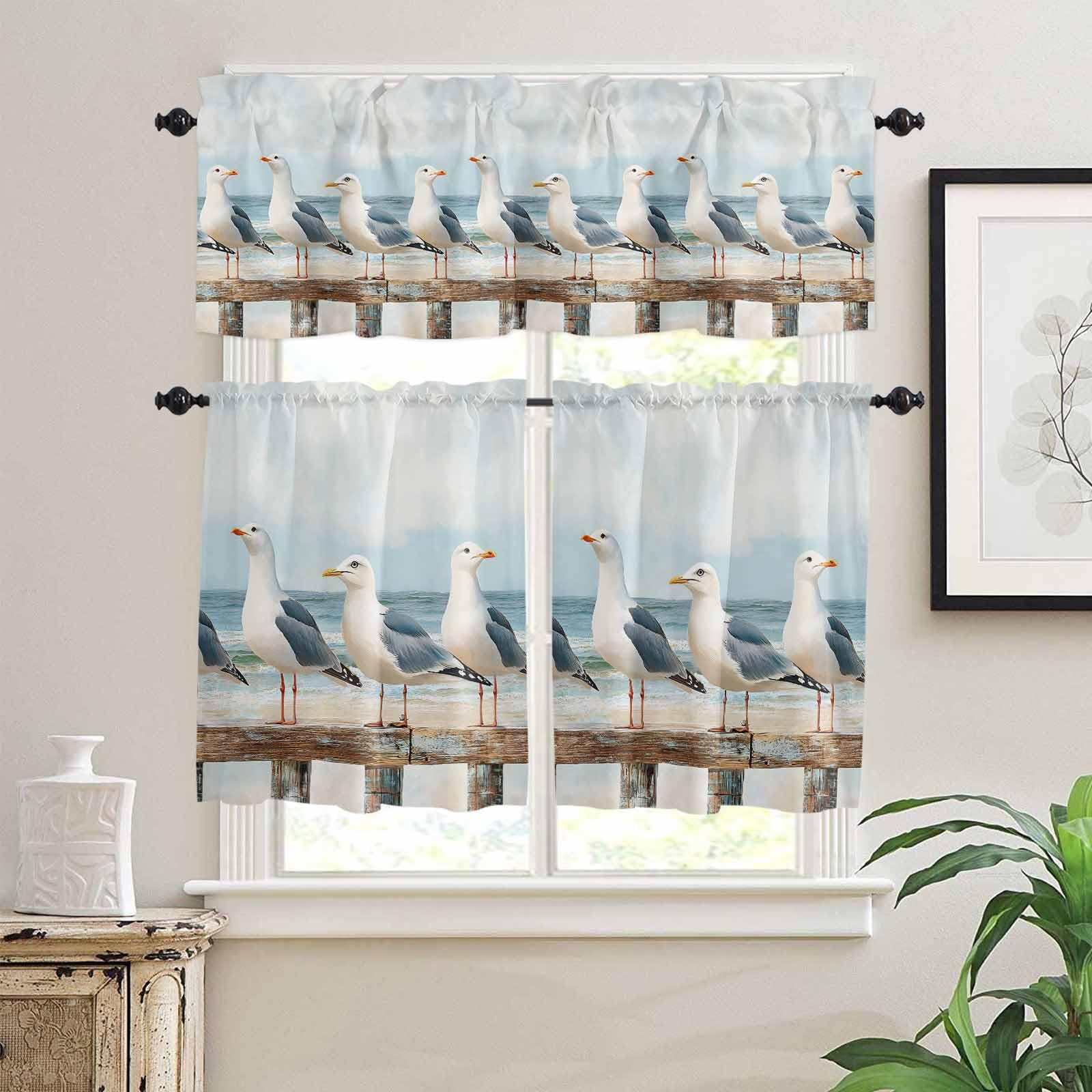 Coastal Seagull Kitchen Curtains 36 Inch Length, 3 Piece Rod Pocket Small Half Tiers and Valance Set, Summer Beach Ocean Bird Watercolor Small Large Window Treatment Decor for Bedroom/Bathroom Sink