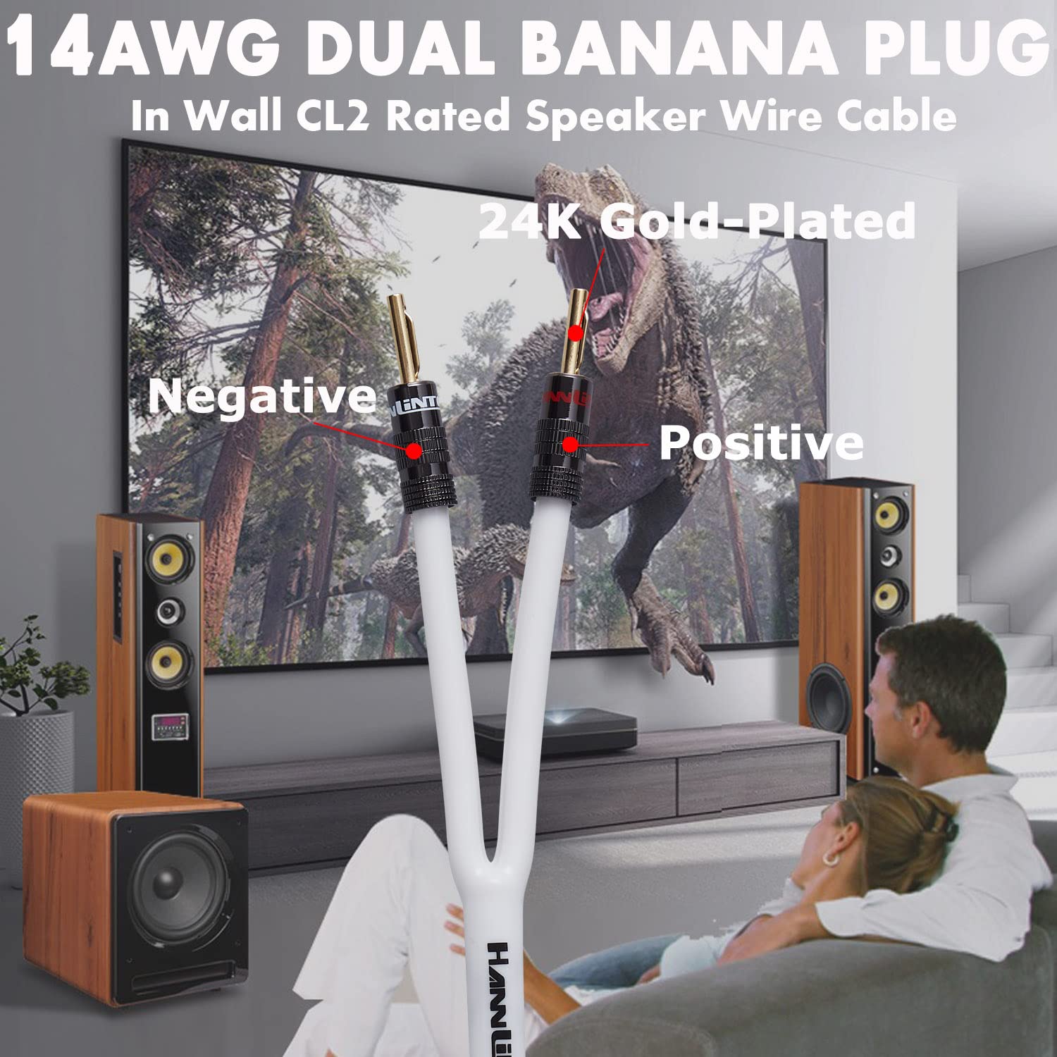 Kabel głośnikowy 14AWG (10 stóp), 1 opakowanie wysokiej jakości wytrzymałego plecionego kabla głośnikowego, podwójne pozłacane końcówki wtykowe bananowe w ścianie, CL2, miedź beztlenowa