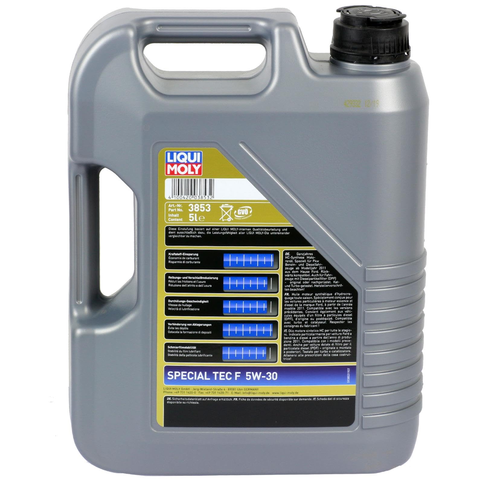LIQUI MOLY Aceite de motor 5W-30 Special Tec Aceite sintetico ACEA A5/B5 F 5L Compatible con FORD Fiesta Mk6 Hatchback CB1, CCN, JA8, JR8 MONDEO IV Turnier BA7, NISSAN Qashqai II J11, J11, KIA, TOYOTA | 3853 / 2326, Special Tec F 5W-30