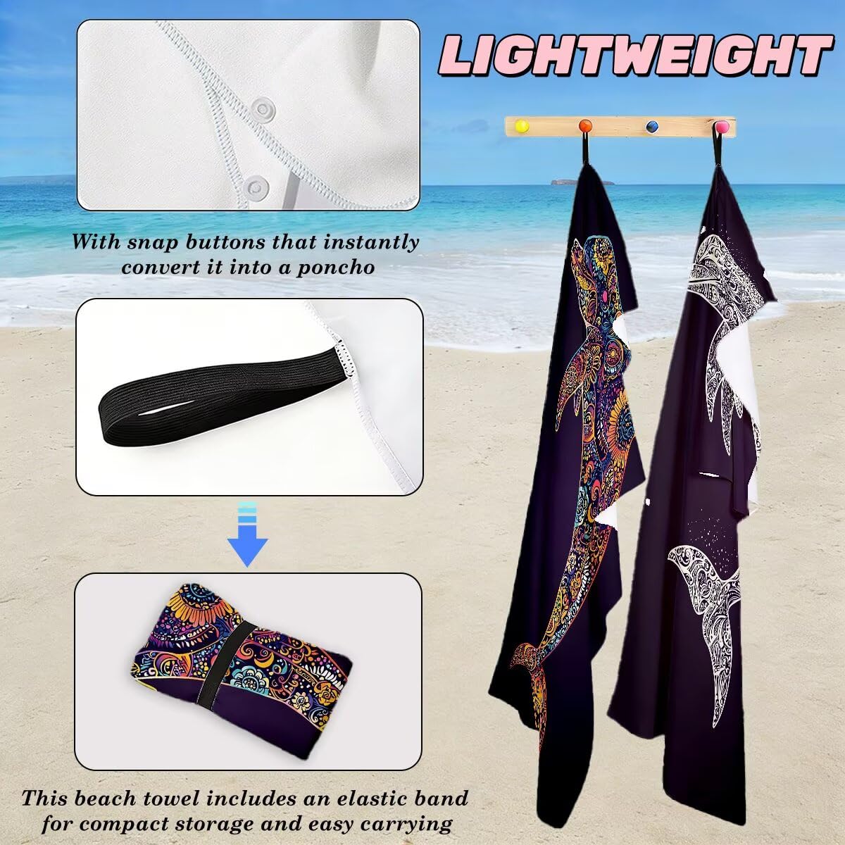 Ręcznik plażowy XXL, 90 x 180 cm, zestaw 2 szt., z mikrofibry, ręcznik plażowy delfin, szybkoschnący, do sauny, fitness, bez piasku, ręcznik plażowy, do sauny, duży ręcznik kąpielowy, prezent dla