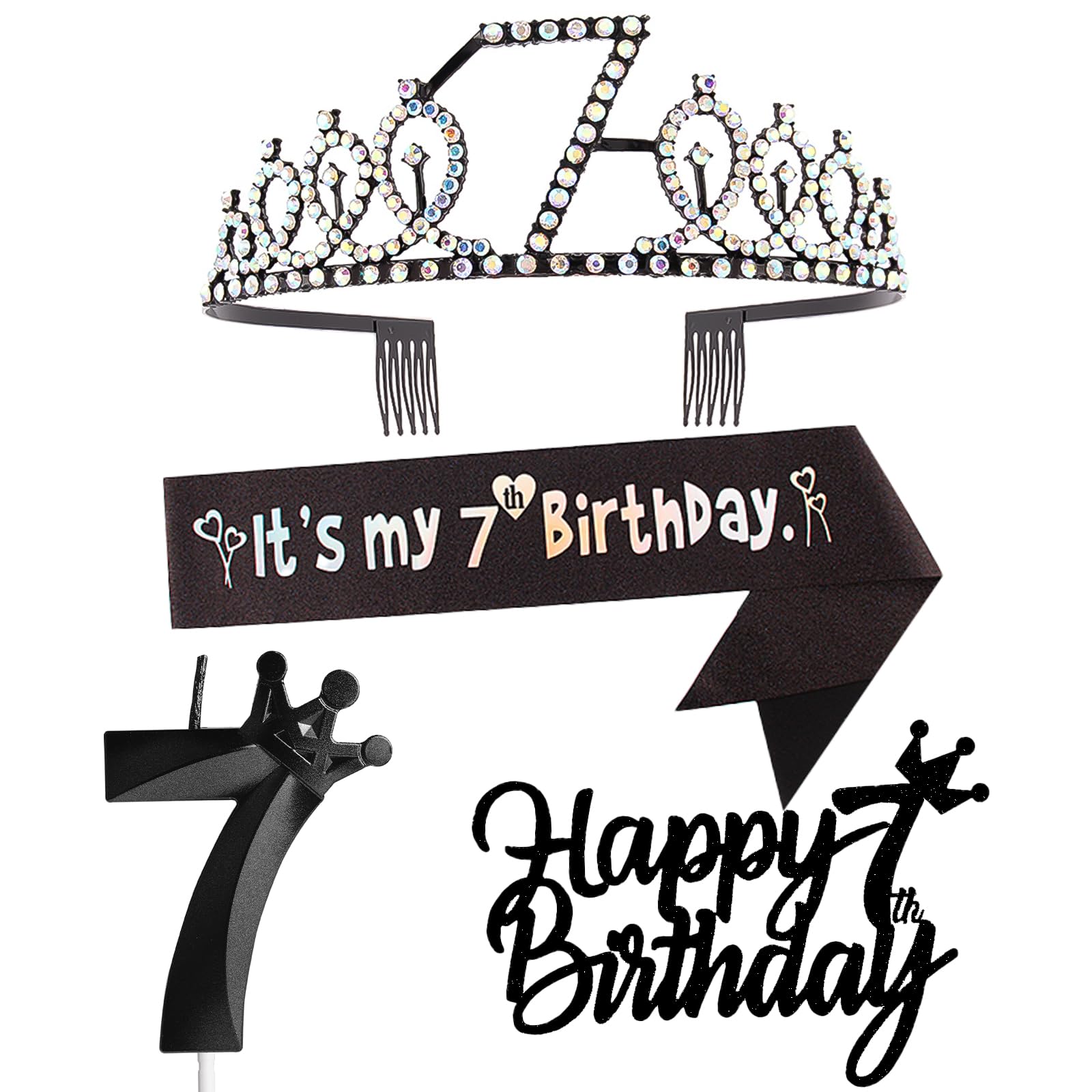 7th Birthday Decorations for Girl - Including Crown/Tiara, Sash, Cake Toppers, Number 7 Candles - Black Party Supplies