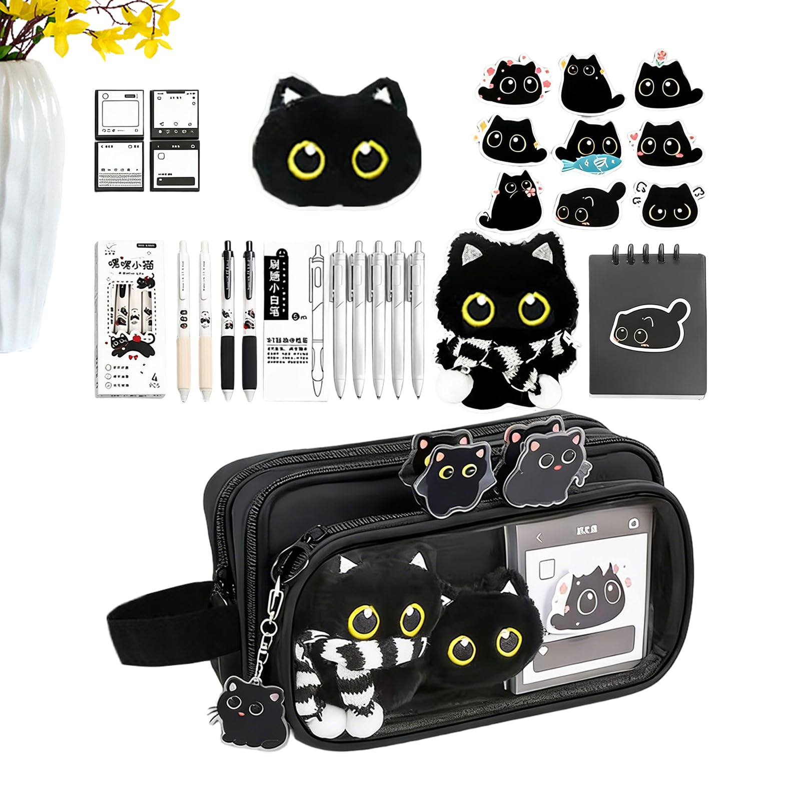 Cute Pencil Pouch - with Sticky Notes 10-Layer Black Cat,Animal Pencil Case Stationery Supplies,for Marker School Supplies Kids Teen Girls Boys Home Classroom Birthday Holiday
