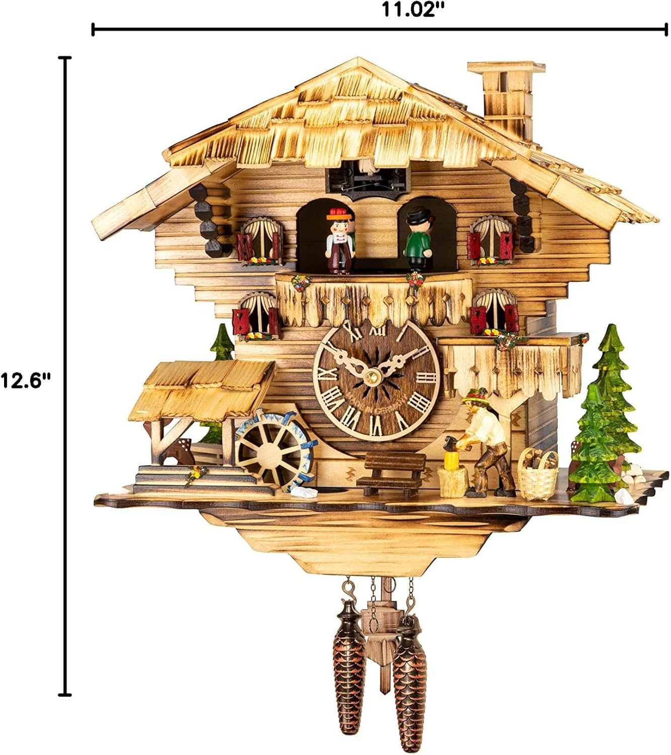 Engstler Quartz Cuckoo Clock Black Forest House with Moving Wood Chopper and Mill Wheel, with Music