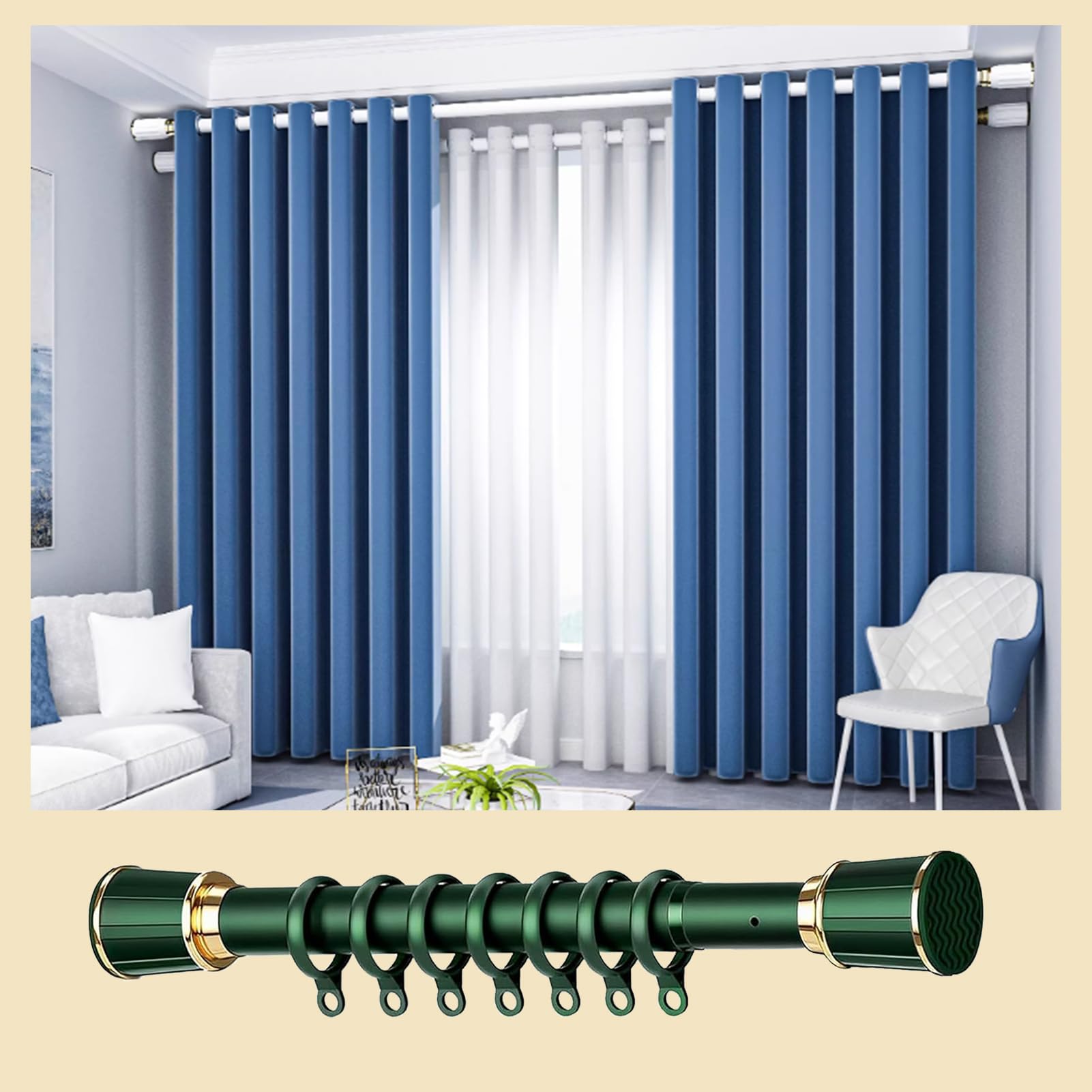 Tringle de tension réglable pour rideaux de 50 à 75 cm, sans perçage, extensible pour salle de bain, cuisine, chambre à coucher, vert, 50 à 75 cm de diamètre