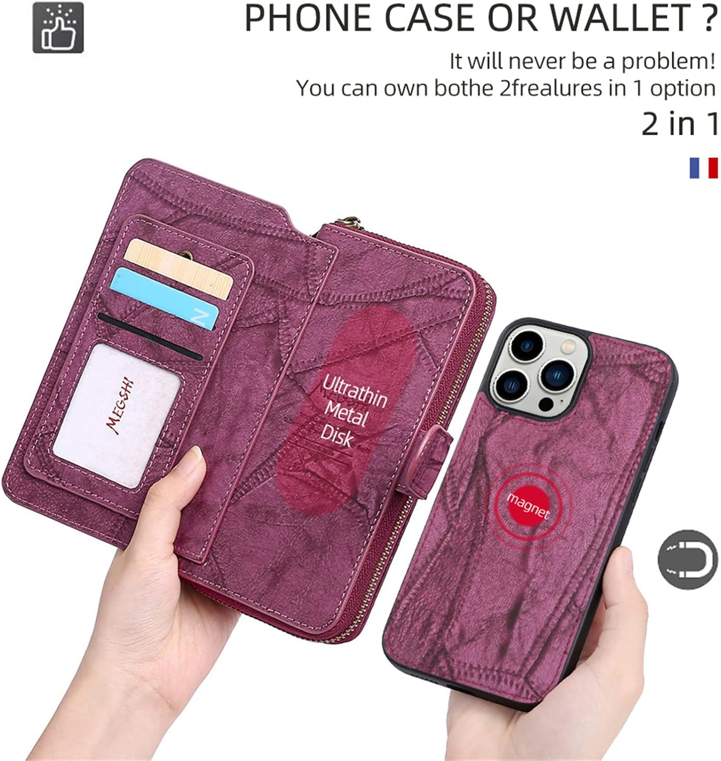 Wallet Case for iPhone 15 Pro Max/15 Pro/15 Plus/15, Strong Magnetic Detachable PU Leather Flip Folio Shockproof Cover with Wristlet Strap Zipper Credit Card Slots