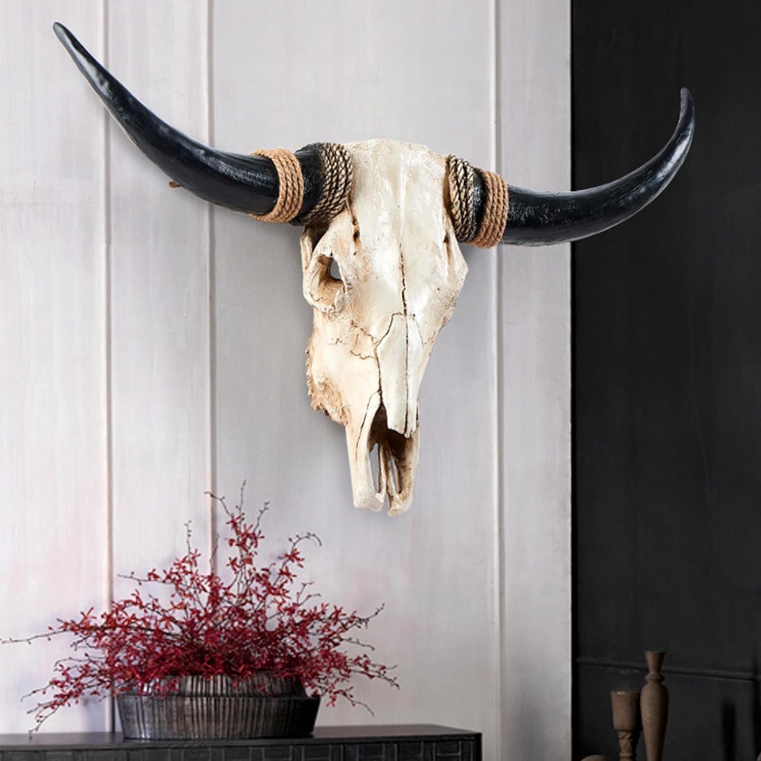 31 Inch Cow Skull Wall Decor, Long Horn Wall Hanging, Faux Longhorn Skull Faux Taxidermy Animal Head, Handmade Resin Home Sculpture Faux Bull Horns for Wall (Brown)