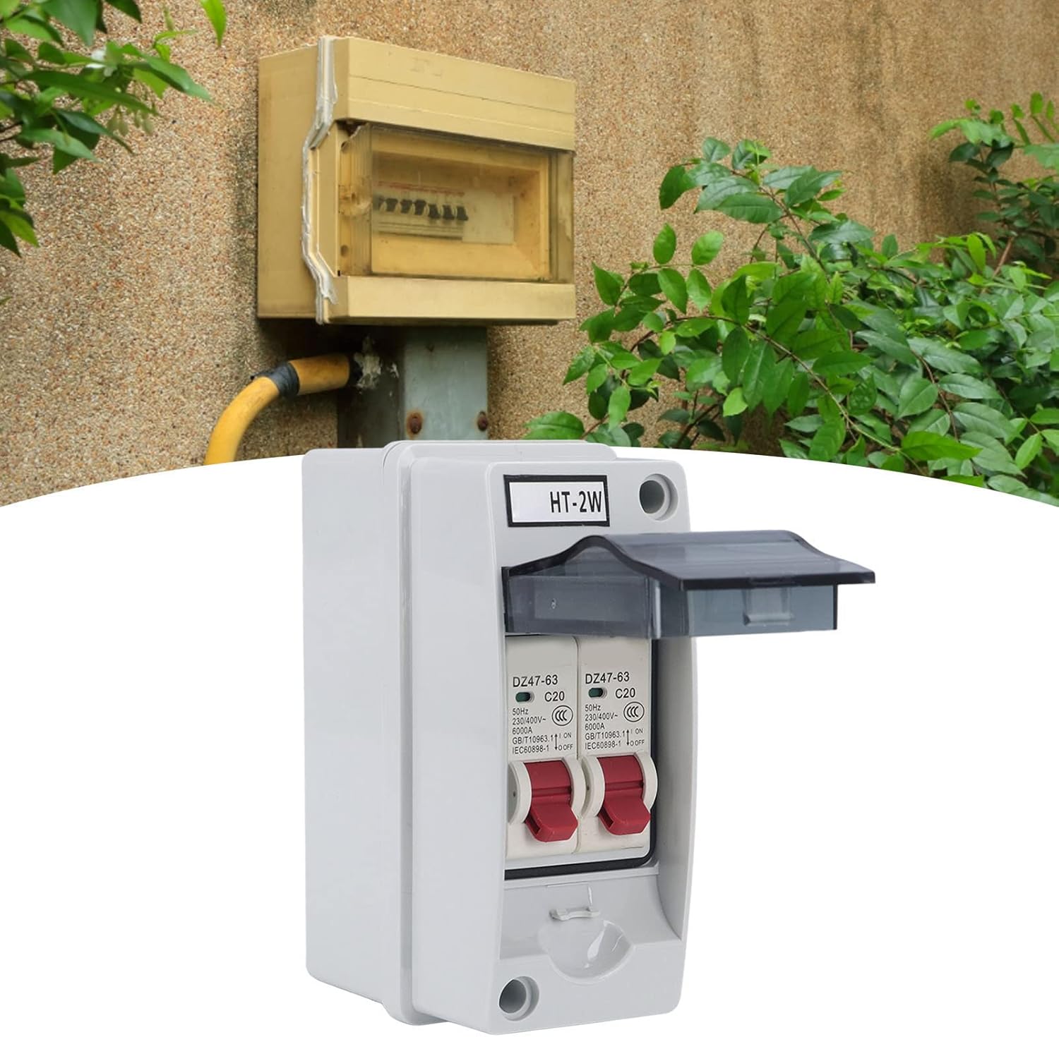 MCB C Type 2 Way Circuit Breaker Box 230V 400V DIN Rail Distribution Junction Box Transparent Cover Outdoor IP65 (C20+C20)