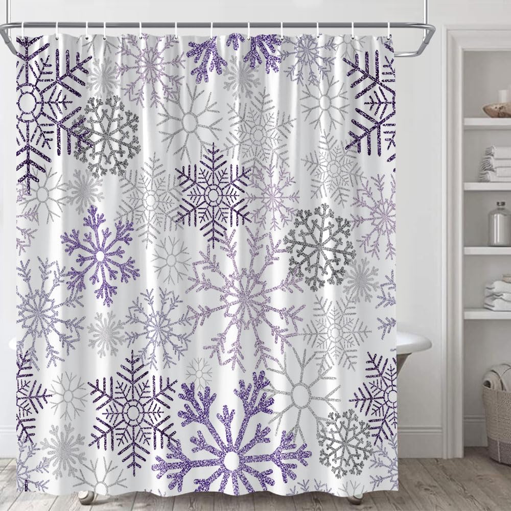 Christmas Shower Curtain Winter Snowflakes Wonderland Purple and Silver Snowflake on White Cute Snowfall Happy New Year Xmas Holiday Modern Polyester Fabric Bathroom Curtain with Hook