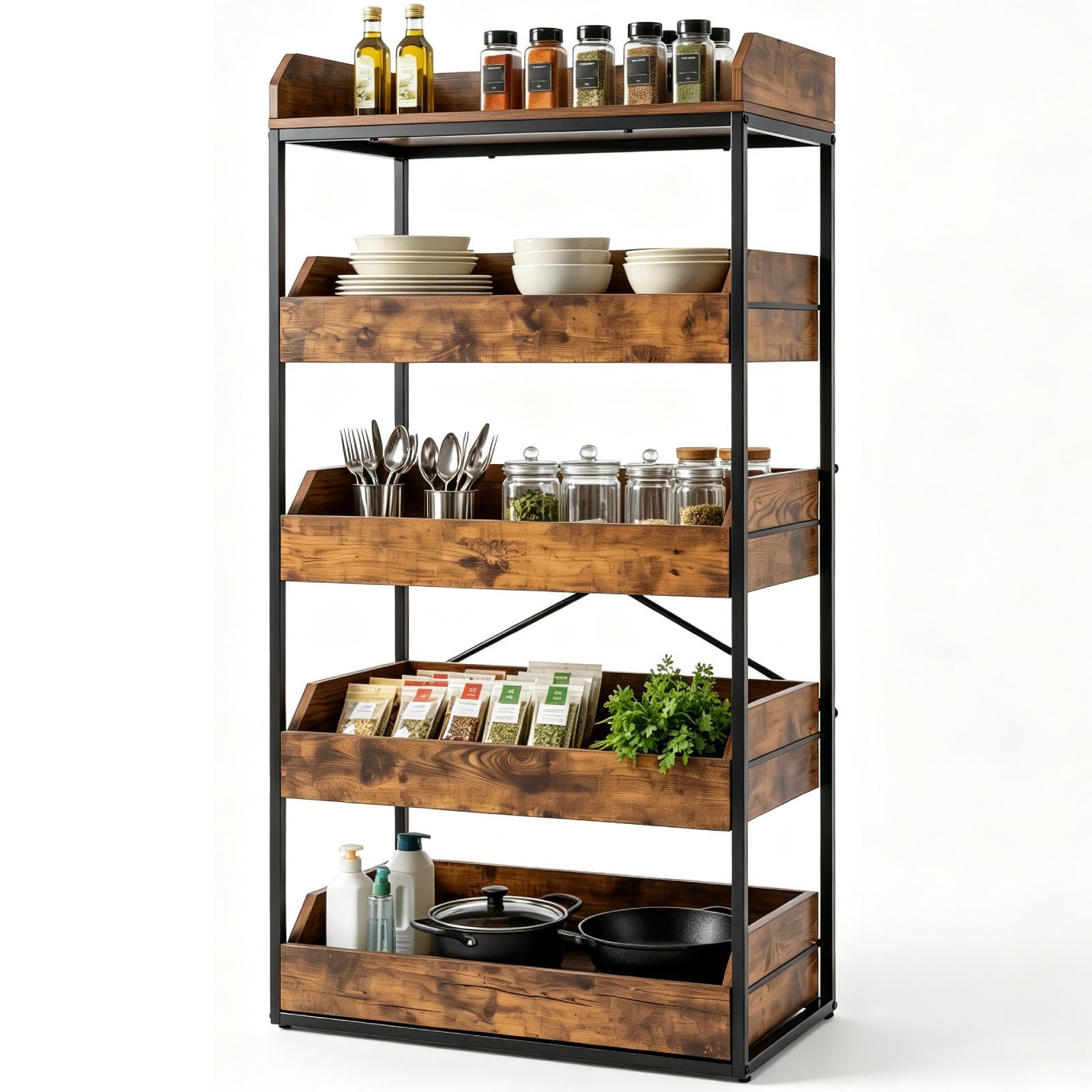 TANGZON 5-Tier Food Storage Rack, Pull-Out Snack Stand with 4 Drawers, Anti-Tipping Kit & Adjustable Feet, X-Shaped Metal Frame Utility Shelf Organizer for Kitchen, Living Room, Supermarket