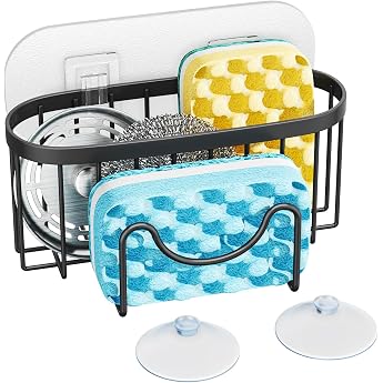 HapiRm 2-in-1 Sink Organizer - Sponge Holder Kitchen Stainless Steel Sink Organizer Dish Sponge Holder with 2 Adhesives Sponge Holder Sink for Sink Plugs Sponge Brush No Drilling