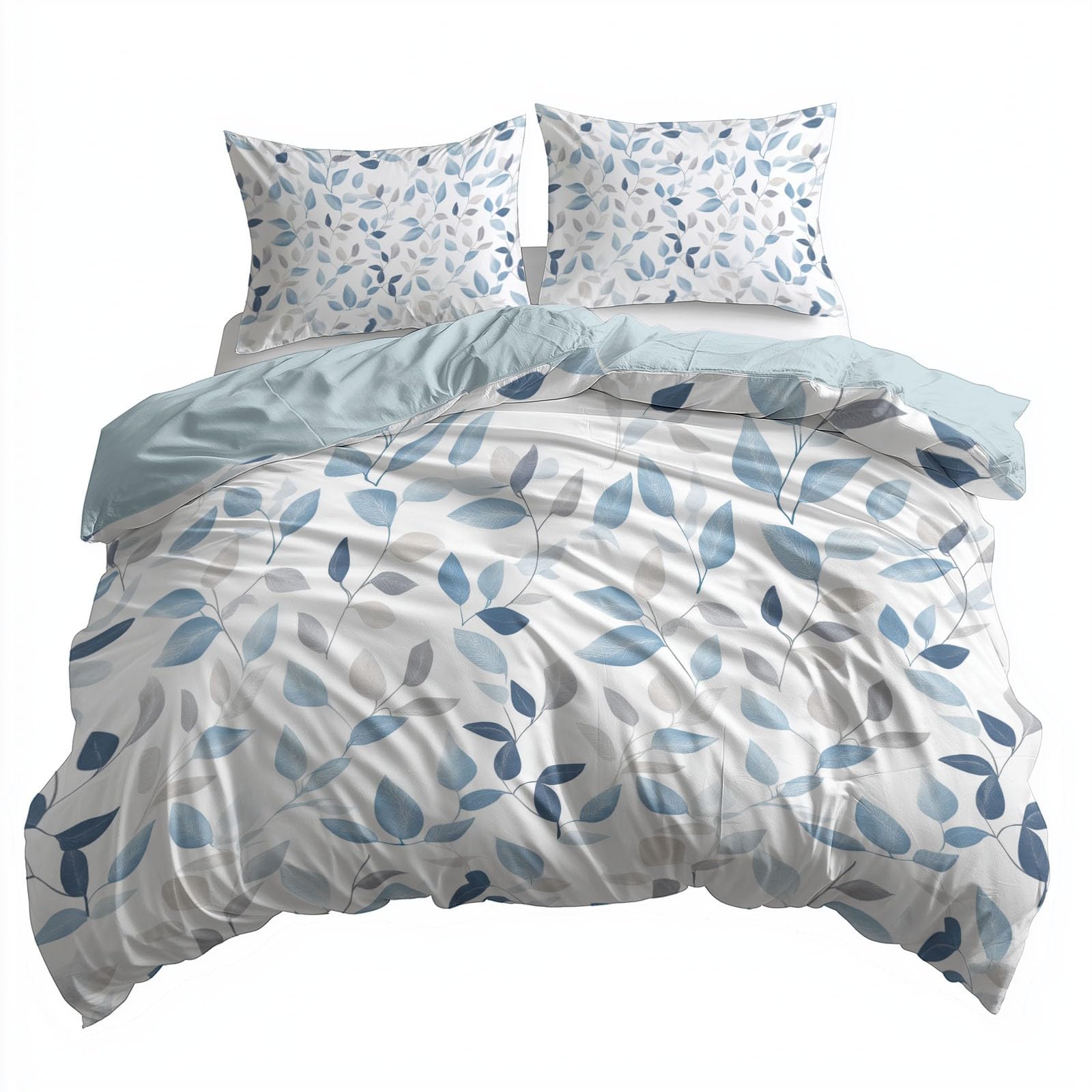 Parure de lit pour Enfant 240x260 cm Feuilles Bleues Housse de Couette Polycoton Ensemble de Literie Linge de Lit avec Taies d'oreiller, pour Décoration Chambre à Coucher
