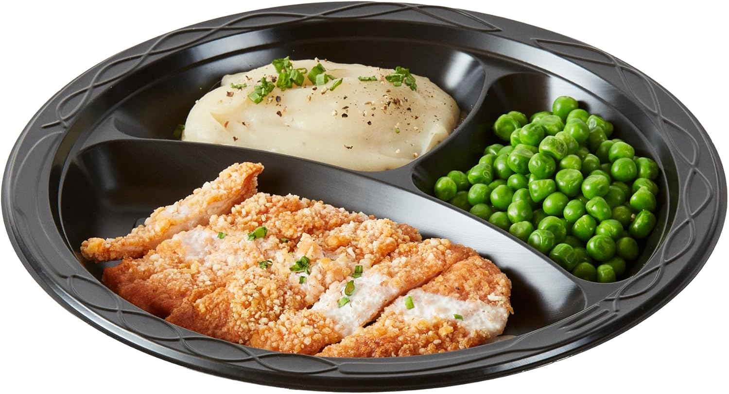 RW Base 10.4 Inch Microwavable Food Plates, 100 Round Plastic Plates - 3 Compartments, Disposable, Black Plastic Dinner Plates, Serve Hot And Cold Foods, For Restaurants And Cafes - Restaurantware - Image 2