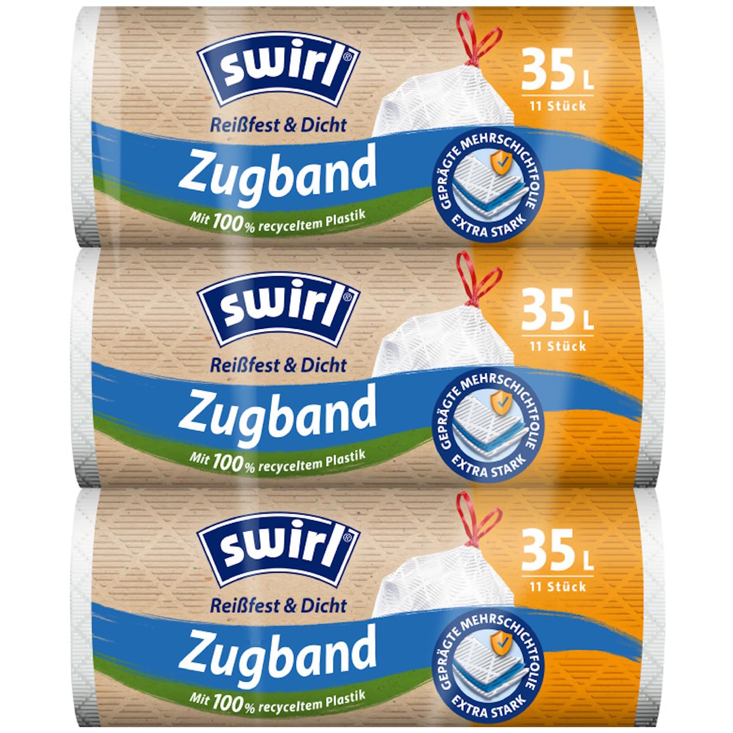 Swirl Reißfest & Dicht Müllbeutel 35L (3 x 11 Beutel), tropfsichere Müllsäcke für den Hausmüll, reißfeste Mülltüten mit praktischem Zugband