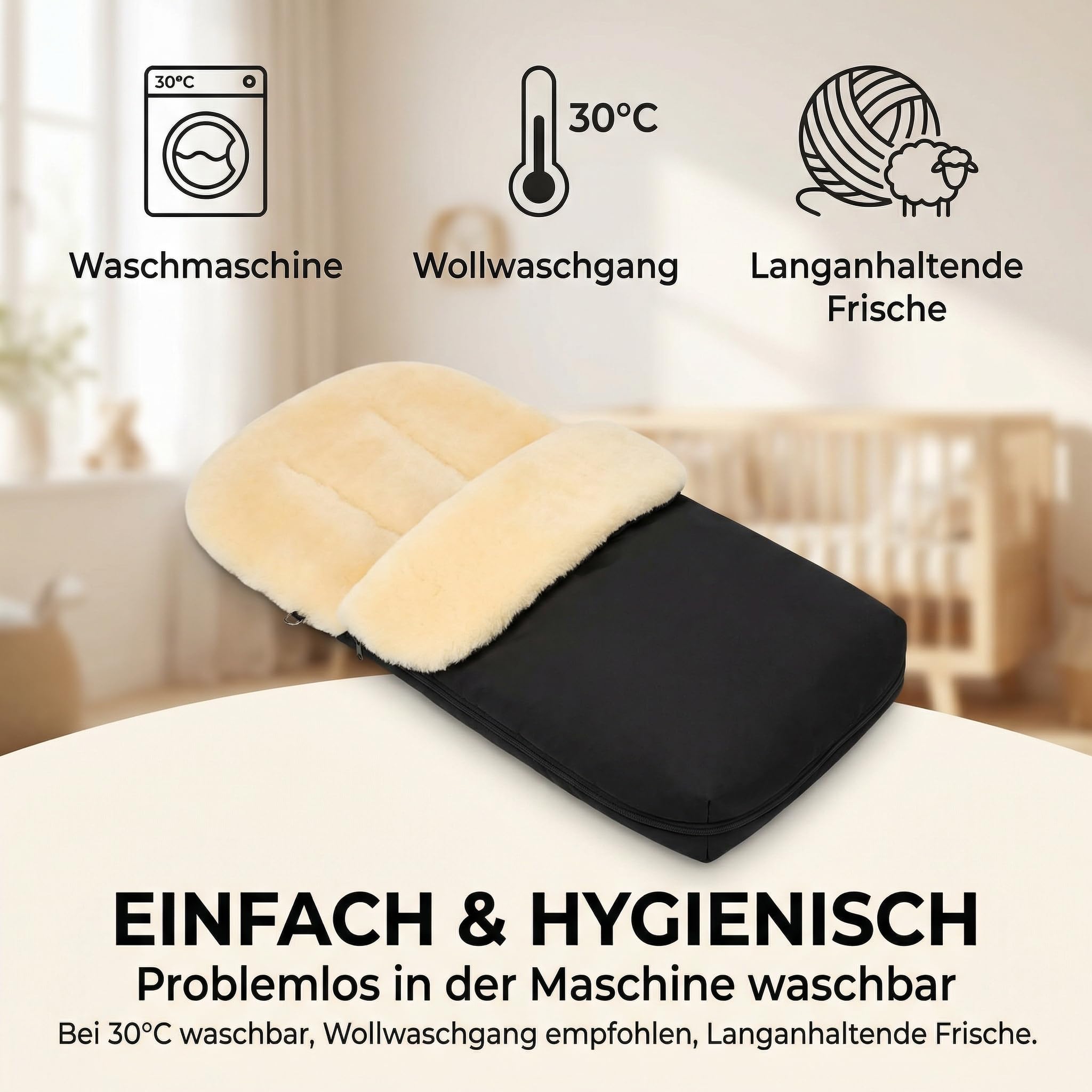 LANABEST Lammfell Fußsack Winterfußsack für Buggy und Kinderwagen schwarz Merino
