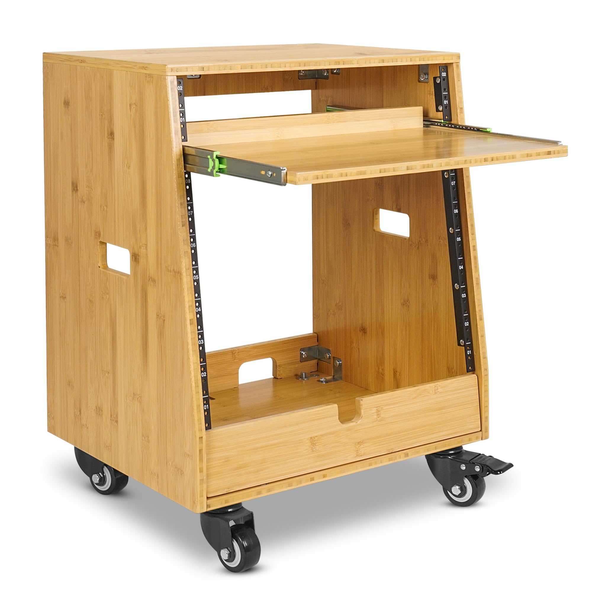 Sound Town DIY Solid Carbonized Bamboo Slanted 10U Studio Rack (2U Top + 8U Lower), with 2U Bottom Storage, Slide-Out Tray, Caster, For Recording Room, Home Studio (STBR-ST10T)