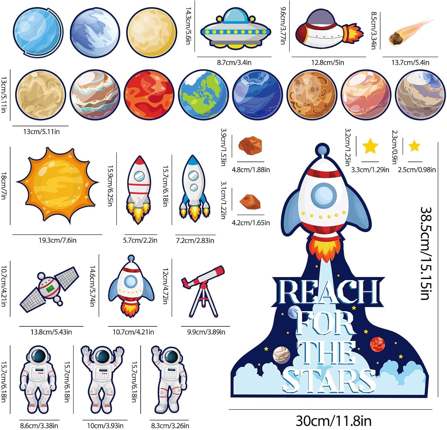 Outer Space Honeycomb Balls Bulletin Board Set Decorations Solar System Cutouts Reach for The Stars Galaxy Planets Astronaut Spacecraft Paper-Cuts for Birthday Party School Nursery Classroom Decor